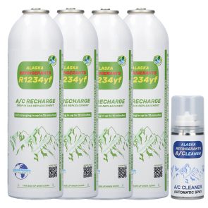 4 x Alaska Refrigerants R1234yf helyettesítő klímagáz járművekhez (Ajándék klímarendszer tisztító spray)