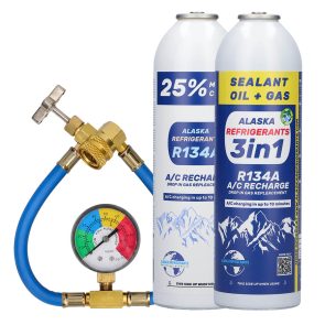 Kombinált Alaska Refrigerants készlet - 3in1 R134a helyettesítő klímagáz, PAG 100 olajjal és tömítővel + R134a helyettesítő klímagáz + cső és mérőóra