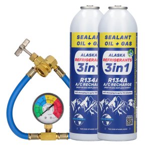 Dupla készlet - 3in1 Alaska Refrigerants R134a helyettesítő klímagáz, PAG 100 olajjal és tömítővel + cső és mérőóra